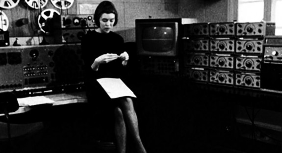 Delia Derbyshire in Room 12, along with her full panoply of equipment.