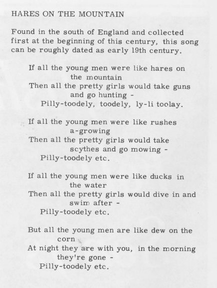 English Folk Songs-Audrey Copard-Folkways Records-Scarborough Fair-A Year In The Country-Hares On The Mountain