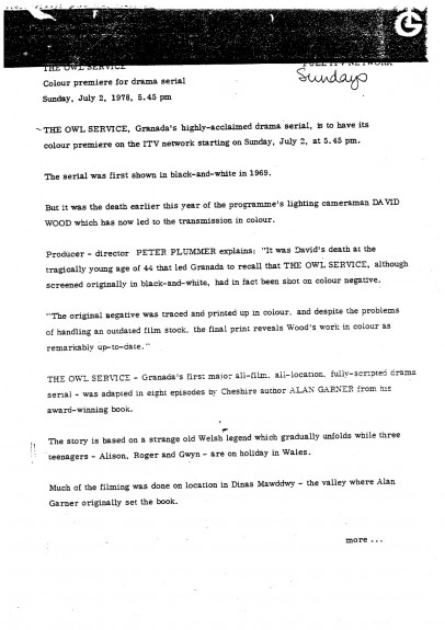 The Owl Service - Granada Press Release (1978) 1-Alan Garner-A Year In The Country