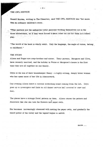 The Owl Service - Granada Press Release (1978) 2-Alan Garner-A Year In The Country